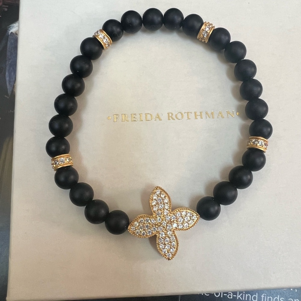 Freida Rothman Black Bead Bracelet with Gold Pave Flower